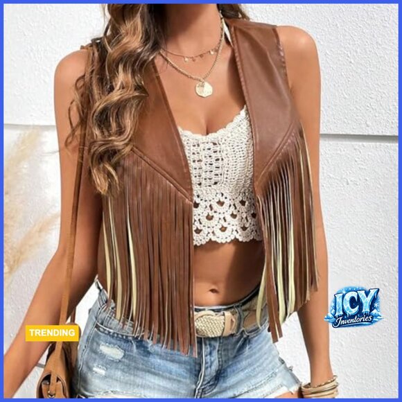 Women's PU Leather Fringe Vest Sleeveless Open Front Tassel Waistcoat - Picture 2 of 7